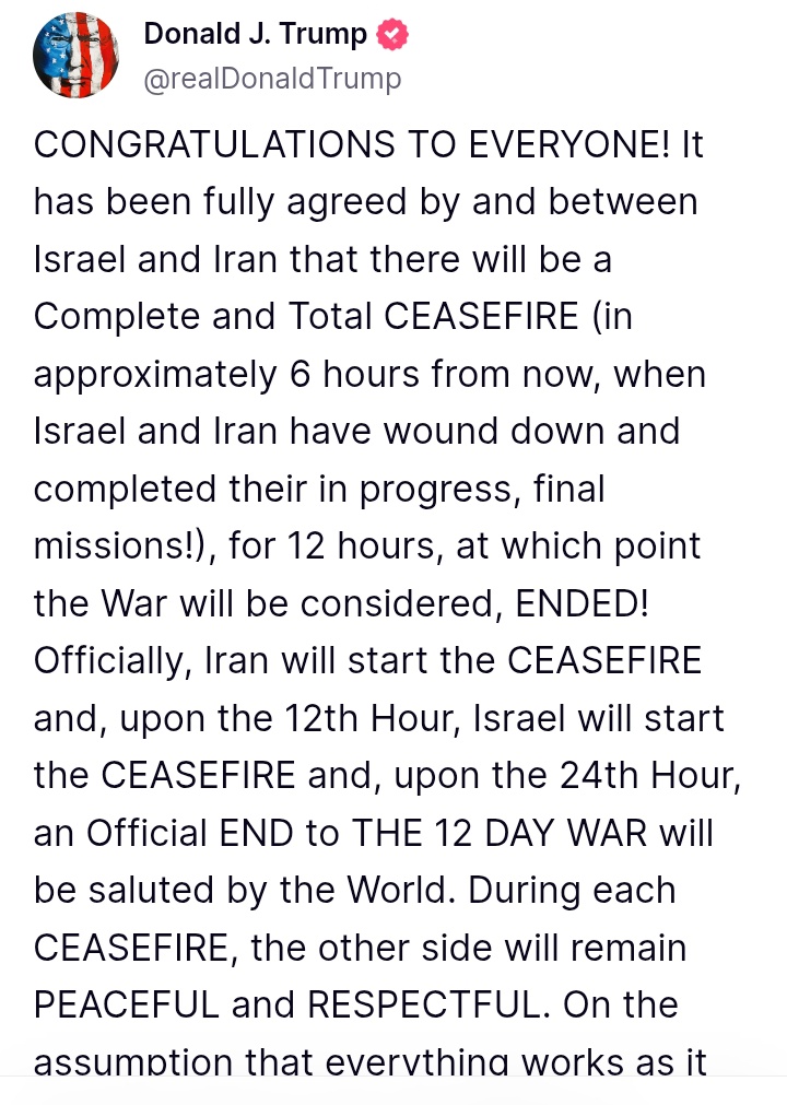 Un alto al fuego en la guerra entre Israel e Irán fue anunciado por el presidente Donald Trump