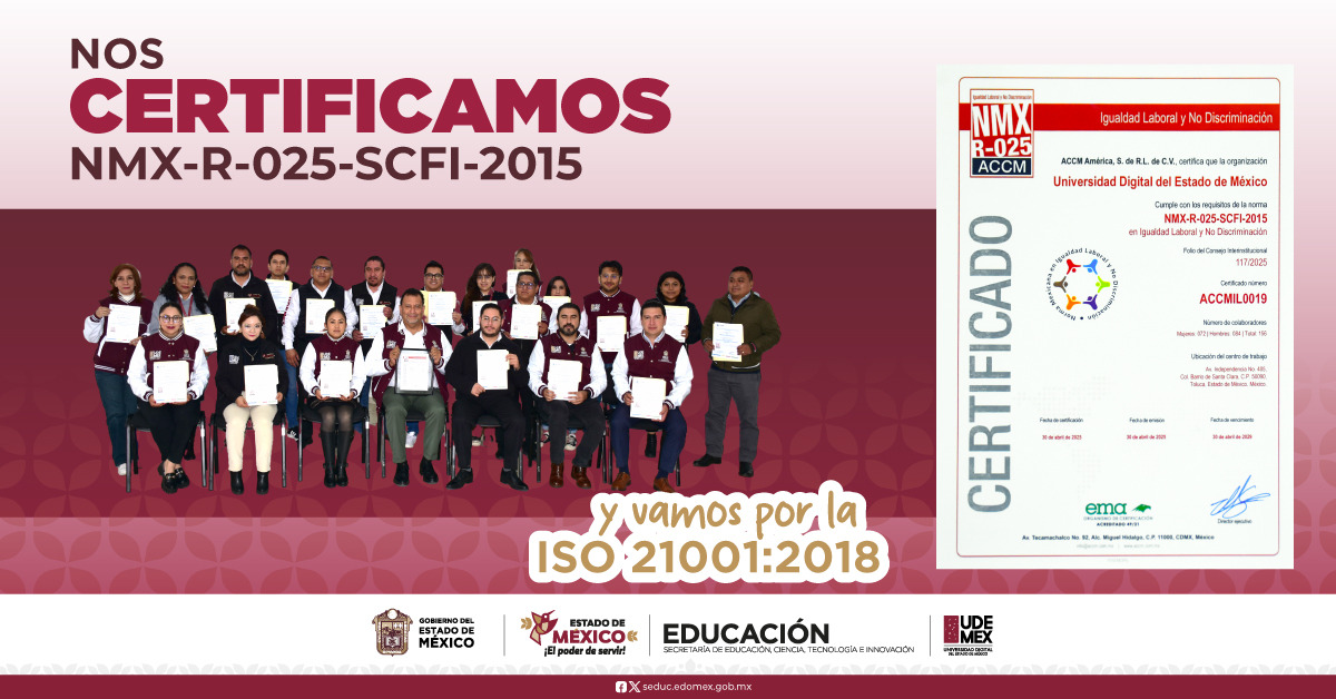 Hemos sido certificados en la Norma NMX-R-025-SCFI-2015, que reconoce nuestro compromiso con la igualdad laboral y la no discriminación 🙌. Además, iniciamos el proceso para obtener la certificación ISO 21001:2018, enfocada en la calidad educativa. 📚💼

#UDEMEX #IgualdadLaboral