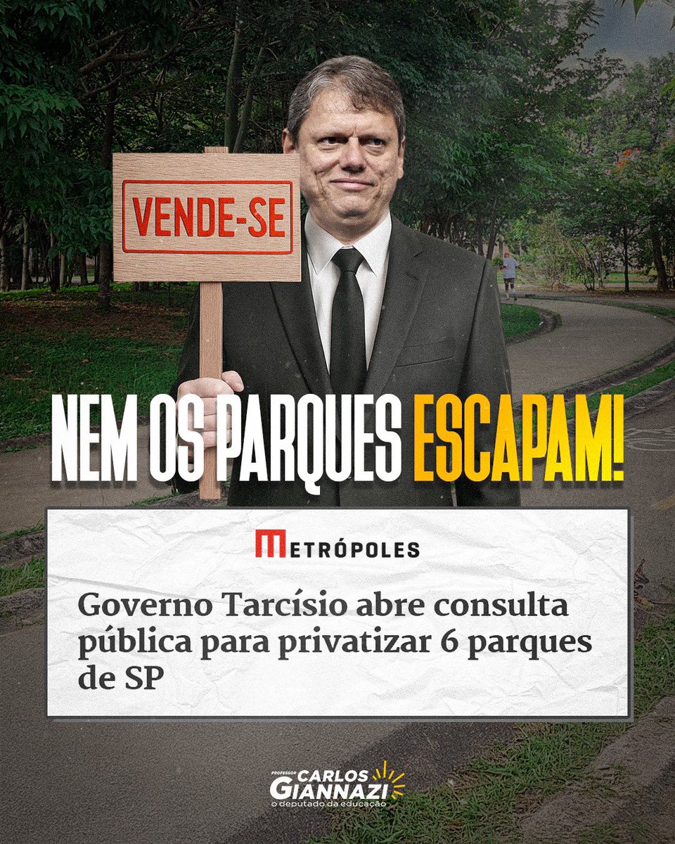 Não bastassem todas as privatizações em curso, Tarcísio de Freitas volta a atacar anunciando a concessão de mais seis parques urbanos à iniciativa privada. Não permitiremos! Seguiremos lutando para reverter mais esse ataque ao patrimônio público e aos interesses da população!
