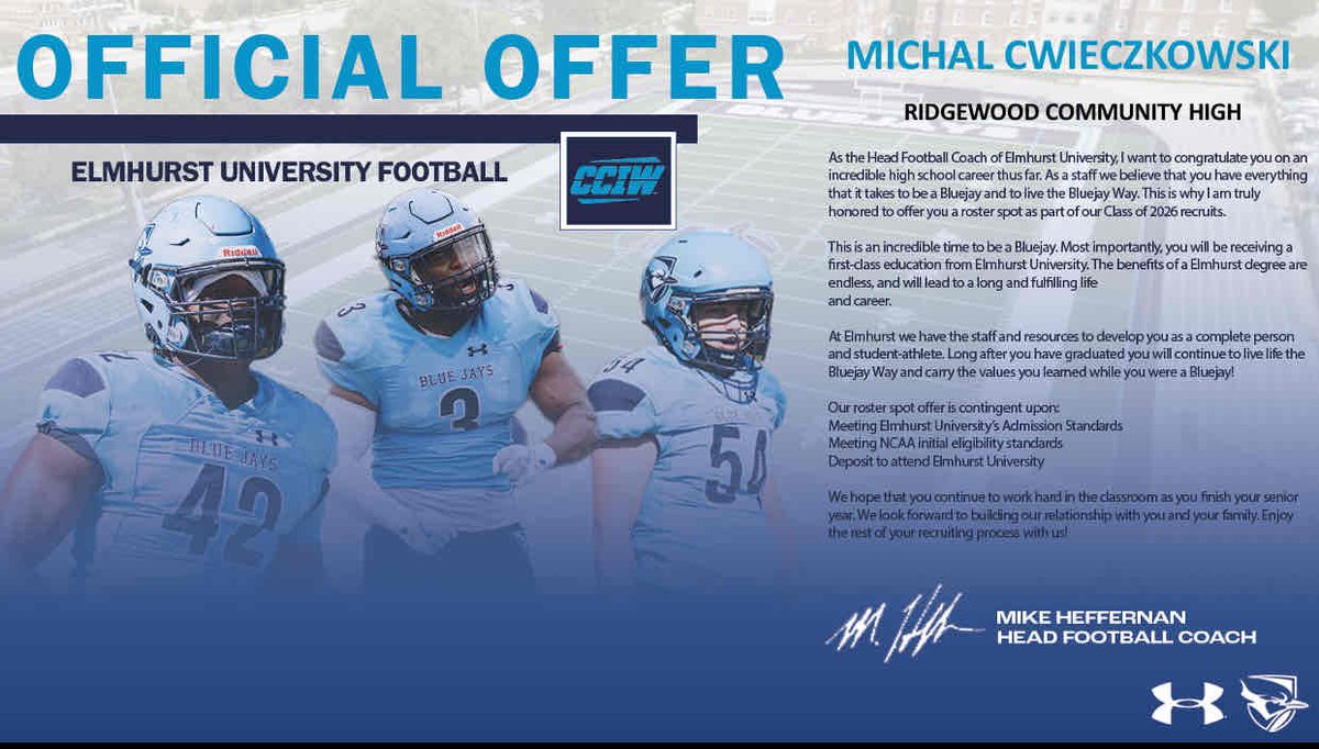 Michał Cwieczkowski (@mcwieczkows1) on Twitter photo After a great conversation with <a href="/CoachMadison_EU/">Colin Madison</a> I’ve officially received an offer from Elmhurst University. Thank you for the opportunity! <a href="/ElmhurstU_FB/">Elmhurst University Football</a> <a href="/VFanelli22/">Vince Fanelli</a> <a href="/RHSFootball234/">Ridgewood Rebels Football</a> <a href="/PrepRedzoneIL/">Prep Redzone Illinois</a> <a href="/EDGYTIM/">Timothy “EDGYTIM” OHalloran</a> After a great conversation with <a href="/CoachMadison_EU/">Colin Madison</a> I’ve officially received an offer from Elmhurst University. Thank you for the opportunity! <a href="/ElmhurstU_FB/">Elmhurst University Football</a> <a href="/VFanelli22/">Vince Fanelli</a> <a href="/RHSFootball234/">Ridgewood Rebels Football</a> <a href="/PrepRedzoneIL/">Prep Redzone Illinois</a> <a href="/EDGYTIM/">Timothy “EDGYTIM” OHalloran</a>