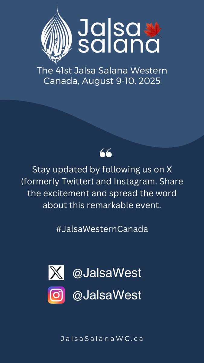 The 41st Jalsa Salana Western
Canada, Sat-Sun August 9-10, 2025

Stay updated by following us on X (formerly Twitter) and Instagram <a href="/JalsaWest/">Jalsa Salana Western Canada</a>.

Share the excitement and spread the word about this remarkable event.
#JalsaWesternCanada