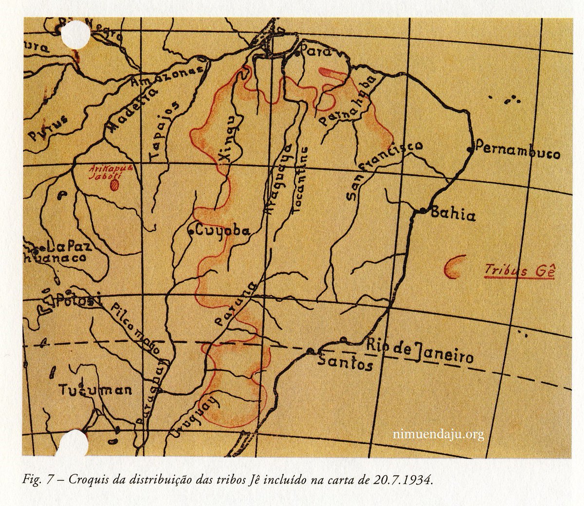 Tribus Gê (Nimuendajú 1934)
Mapa de Curt Nimuendajú (1934). In Hartmann, Thekla (org.). 2000. Cartas do Sertão. Museu Nacional de Etnologia/Assírio &amp; Alvim.
etnolinguistica.org/img:11
#mapMonday