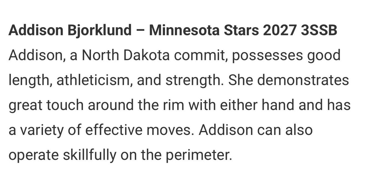 Addison Bjorklund (@addybjorklund27) on Twitter photo A huge thank you to <a href="/JrAllStarMN/">Minnesota Jr. All-Star GBB</a> and <a href="/EricJrAllStar/">EricJrAllStar</a> for the standout player mention. Can’t wait to compete with my team in Louisville and Rock Hill in July! <a href="/MinnesotaStars/">Minnesota Stars AAU</a> <a href="/MNStars2027/">Minnesota Stars 2027 3SSB</a> #StarsFam A huge thank you to <a href="/JrAllStarMN/">Minnesota Jr. All-Star GBB</a> and <a href="/EricJrAllStar/">EricJrAllStar</a> for the standout player mention. Can’t wait to compete with my team in Louisville and Rock Hill in July! <a href="/MinnesotaStars/">Minnesota Stars AAU</a> <a href="/MNStars2027/">Minnesota Stars 2027 3SSB</a> #StarsFam
