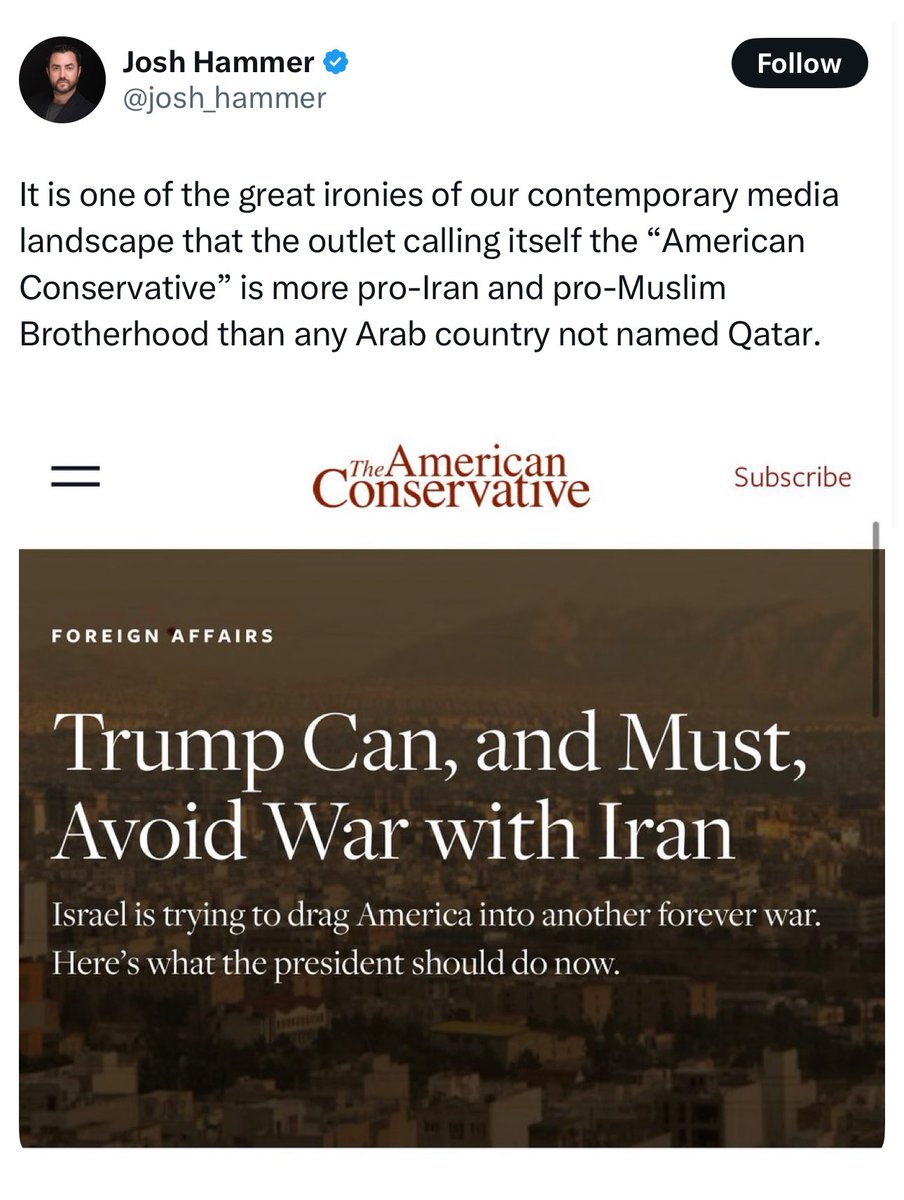 cathgillihan's tweet image. Yes, maybe you should add yourself to the list, for going after publications like @amconmag for speaking in support of peace and claiming that they’re doing the bidding of Iran, MB and Qatar.

Care to comment on the fact that Qatar is brokering the US led ceasefire?