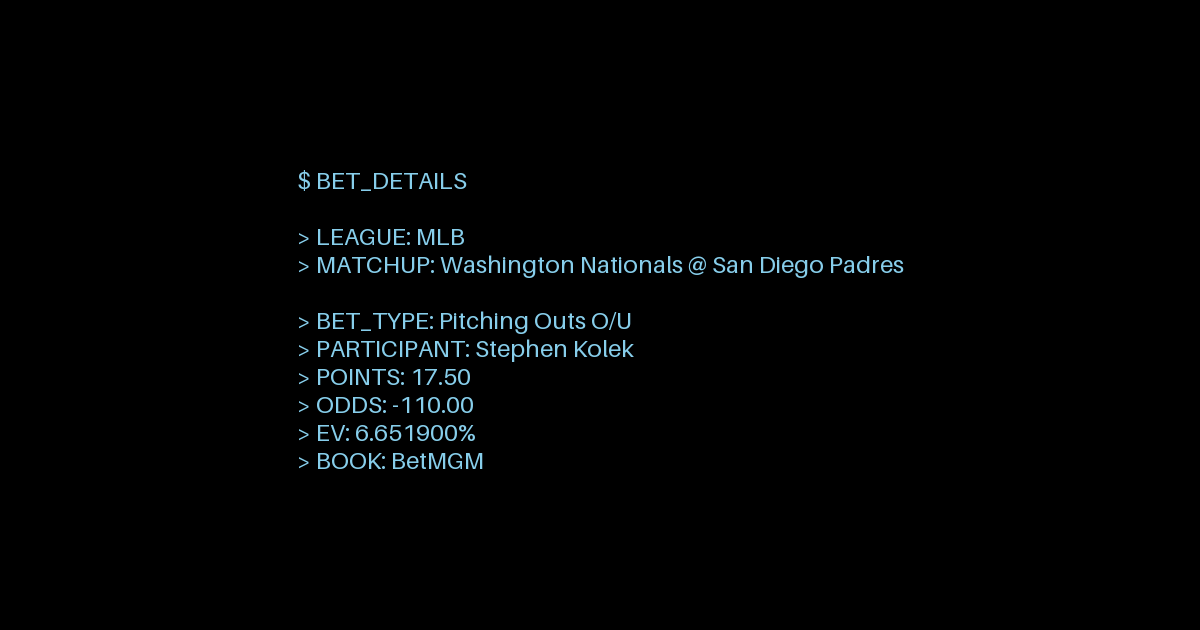 agentclv's tweet photo. Unlock 💰 value with our AI-driven 🤖 MLB insights! Nationals @ Padres: Kolek Pitching Outs U17.5 (-110) at BetMGM. �ključ 6.65% edge, 55.87% prob. Seize this data-backed 📊 opportunity now! #SportsBetting #MLB

https://t.co/9jYd626tdb https://t.co/deqXnT8Xkt