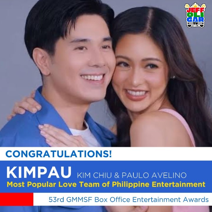 JeffOGarcia47's tweet photo. CONGRATULATIONS to @prinsesachinita &amp; @mepauloavelino, hailed as the Most Popular Love Team of Philippine Entertainment at the #53rdBoxOfficeEntertainmentAwards!

#KimChiu #PauloAvelino
#KimPau https://t.co/lfC6g0WbUk