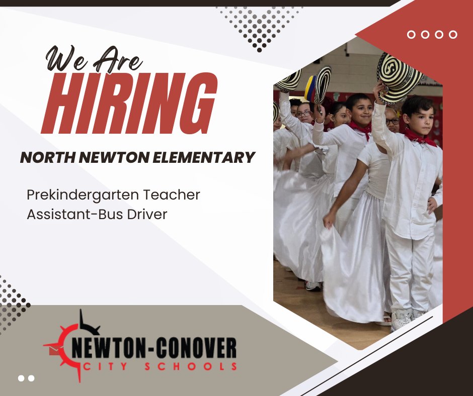 We're hiring at North Newton Elementary!

Prekindergarten Teacher Assistant-Bus Driver: Apply here newtonconover.schoolspring.com/?jobid=5250776