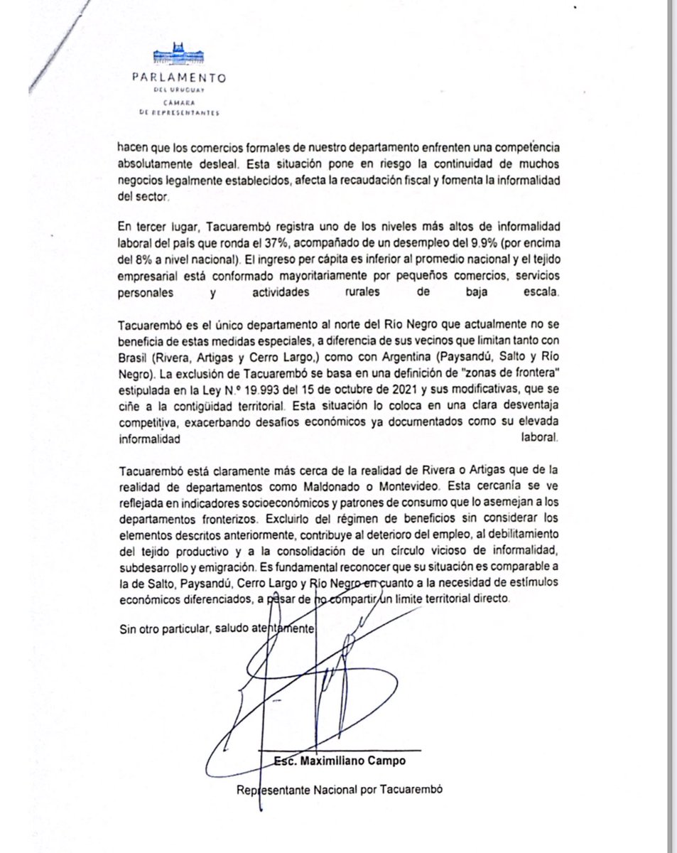 MaxiCampo10's tweet image. TACUAREMBÓ NO PUEDE SER EL ÚNICO DEPARTAMENTO SIN BENEFICIOS FISCALES AL NORTE DEL RÍO NEGRO. 

Nuestro departamento se ve atravesado por la influencia de la frontera, la realidad socio económica se parece mucho más a la realidad de los departamentos fronterizos que a los del…