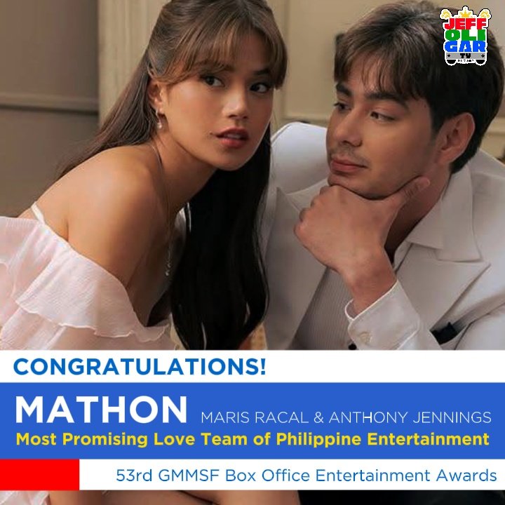 JeffOGarcia47's tweet photo. CONGRATULATIONS to @MissMarisRacal & @Ajenningss_, hailed as the Most Promising Love Team of Philippine Entertainment at the #53rdBoxOfficeEntertainmentAwards!
#MarisRacal #AnthonyJennings
#MaThon https://t.co/bHbFmtQSVe