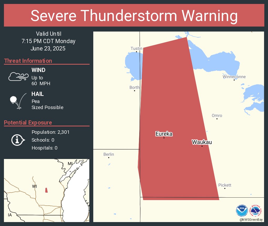 Severe Thunderstorm Warning including Waukau WI and  Eureka WI until 7:15 PM CDT