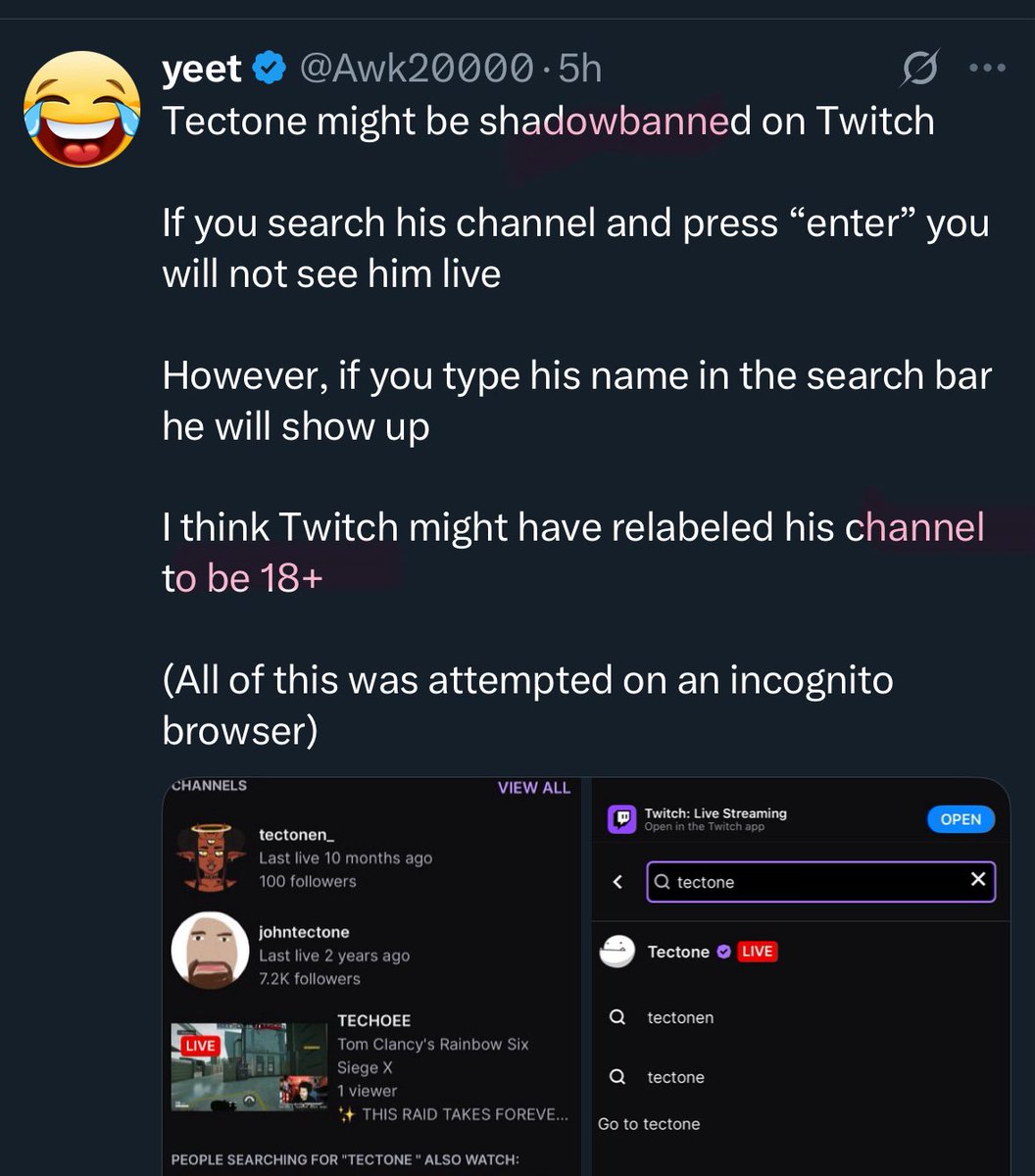 muskawo's tweet photo. More proof yeet is a minor. He can’t see twitch channels marked 18+ unless he logs out 🤣 https://t.co/OlZg4R6BaN