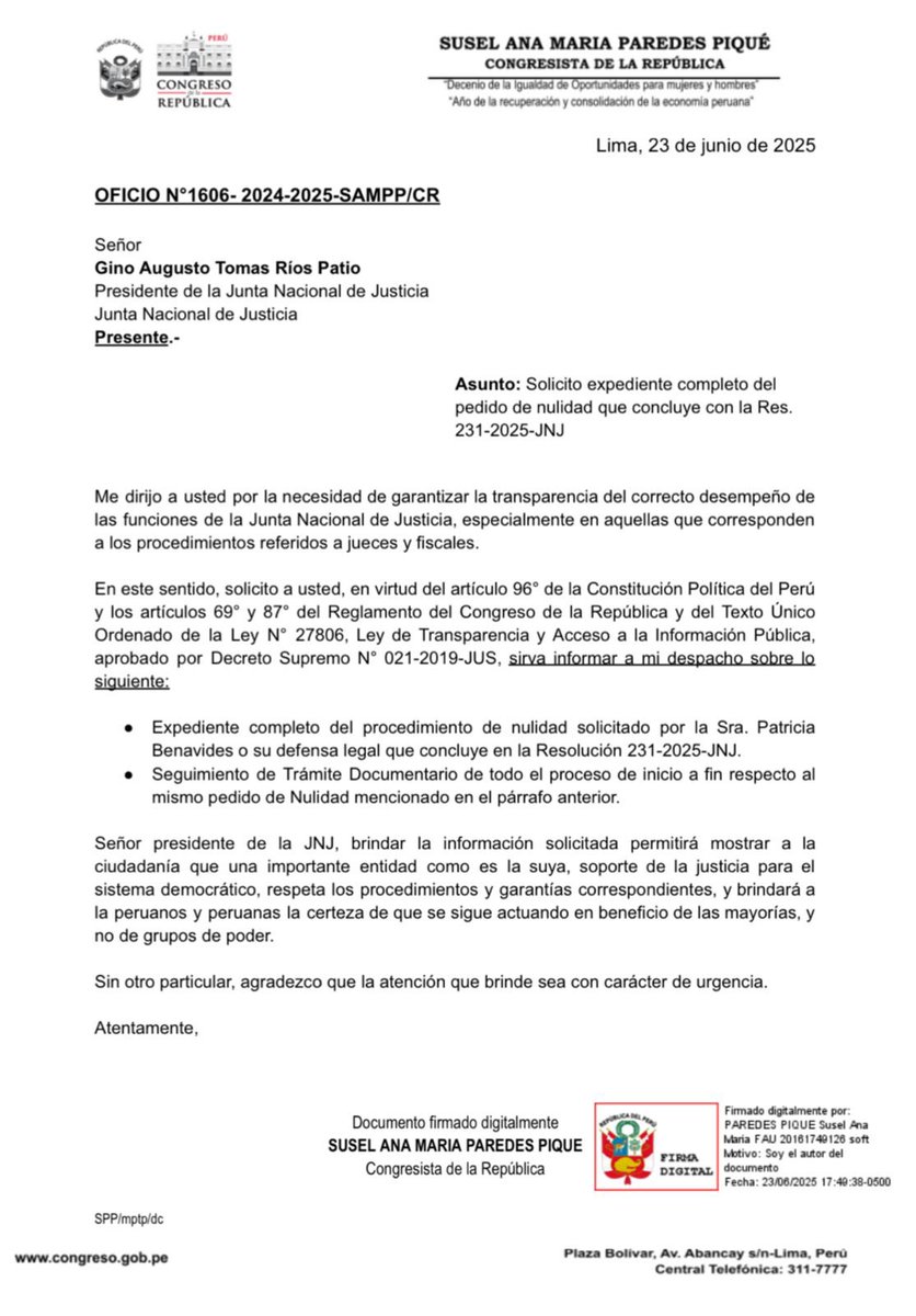 ¡Exijo transparencia en el procedimiento de Patricia Benavides en la JNJ!
Por eso he solicitado se me entregue el expediente completo con el que se pretende su restitución, para que podamos conocer si existió alguna irregularidad
#ResistaDelia