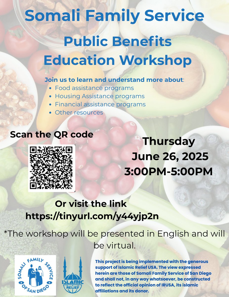 Join us &amp; share! Somali Family Service of San Diego offers a virtual Public Benefits Education Workshop, Thursday, June 26, 3:00-5:00pm. Register at tinyurl.com/y44yjp2n