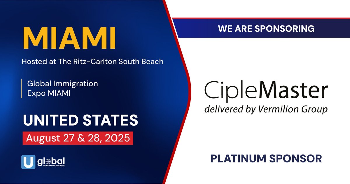 UglobalOfficial's tweet image. We proudly announce CipleMaster as a Platinum sponsor for our Global Immigration Expo in Miami on August 27-28!
Book your seat now!
eventbrite.com/e/2025-eb-5-gl…
#GoldenVisa #investment #investors #InvestmentOpportunities #investing #citizenship #residency #visa #miami