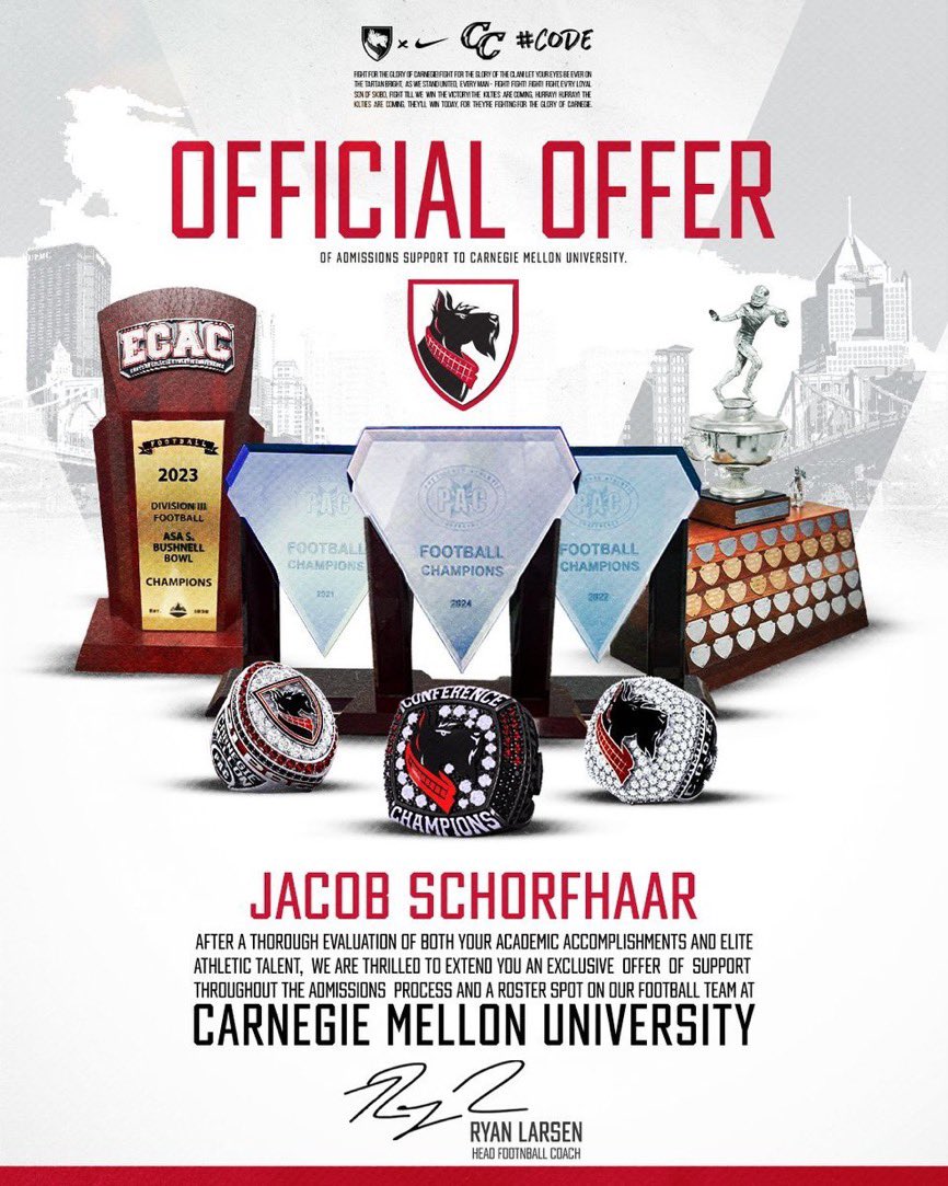 Jacob Schorfhaar (@jakeschorfhaar) on Twitter photo Extremely blessed to receive an offer from Carnegie Mellon University! Thank you <a href="/CoachAndyHelms/">Andy Helms</a> for the opportunity!!
<a href="/AllenTrieu/">Allen Trieu</a> <a href="/MichFBFrenzy/">Michigan Prep Frenzy</a> <a href="/alex_pallone/">Alex Pallone</a> <a href="/PrepRedzoneMI/">Prep Redzone Michigan</a> <a href="/TheD_Zone/">The D Zone</a> <a href="/DPanthersFB/">DewittPanthersFB</a> <a href="/dewittathletics/">DeWitt Athletics</a> Extremely blessed to receive an offer from Carnegie Mellon University! Thank you <a href="/CoachAndyHelms/">Andy Helms</a> for the opportunity!!
<a href="/AllenTrieu/">Allen Trieu</a> <a href="/MichFBFrenzy/">Michigan Prep Frenzy</a> <a href="/alex_pallone/">Alex Pallone</a> <a href="/PrepRedzoneMI/">Prep Redzone Michigan</a> <a href="/TheD_Zone/">The D Zone</a> <a href="/DPanthersFB/">DewittPanthersFB</a> <a href="/dewittathletics/">DeWitt Athletics</a>