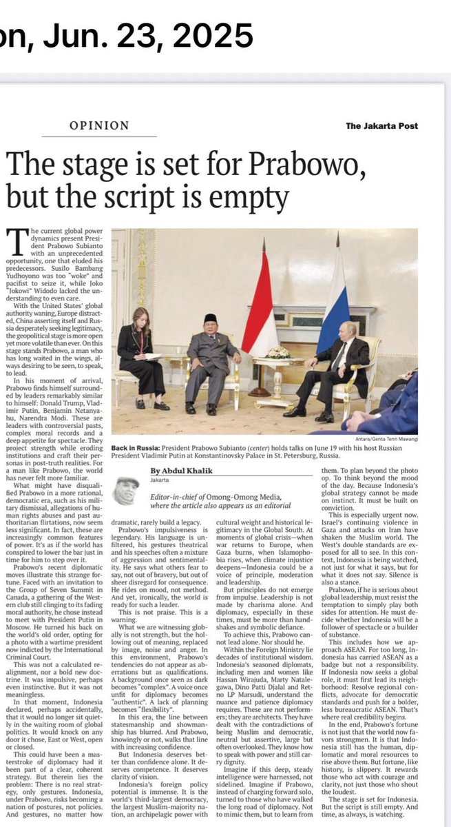 Okky Madasari (@okkymadasari) on Twitter photo The stage is set for Prabowo, but the script is empty
Prabowo and Indonesia in a Divided World
--
Omong-Omong Media x The Jakarta Post. Once a week, Editorial <a href="/omongomongcom/">Omong-Omong Media</a> will be published at The Jakarta Post. This is the third edition.
omong-omong.com/editorial-prab… The stage is set for Prabowo, but the script is empty
Prabowo and Indonesia in a Divided World
--
Omong-Omong Media x The Jakarta Post. Once a week, Editorial <a href="/omongomongcom/">Omong-Omong Media</a> will be published at The Jakarta Post. This is the third edition.
omong-omong.com/editorial-prab…