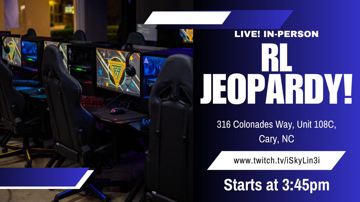 This Friday at 3:45pm, RL Jeopardy! is coming to you LIVE from the North Carolina Esports Academy! Come join me as we watch <a href="/TheShakaRL/">Shaka</a> @Dylnha and <a href="/Sleaper56/">Sleaper56</a> compete for a spot in the grand finale of Season 1! Please fill out this to RSVP a spot to watch docs.google.com/forms/d/1OFEaE…