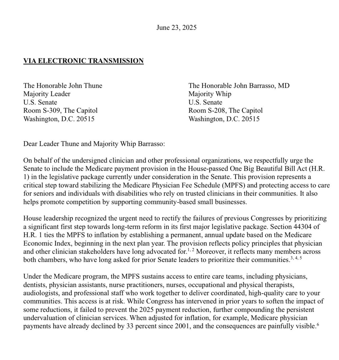 Marion E Mass, M.D. #patientsfirst #scrubsnotsuits (@mass_marion) on Twitter photo When adjusted for inflation, physicians #Medicare payments have β¬οΈ33% since 2001.
This letter πsigned by 75 national organizations, asks Senate leadership to include the Medicare payment provision in the House-passed βOne Big Beautiful Bill Actβ in the senate legislative When adjusted for inflation, physicians #Medicare payments have β¬οΈ33% since 2001.
This letter πsigned by 75 national organizations, asks Senate leadership to include the Medicare payment provision in the House-passed βOne Big Beautiful Bill Actβ in the senate legislative