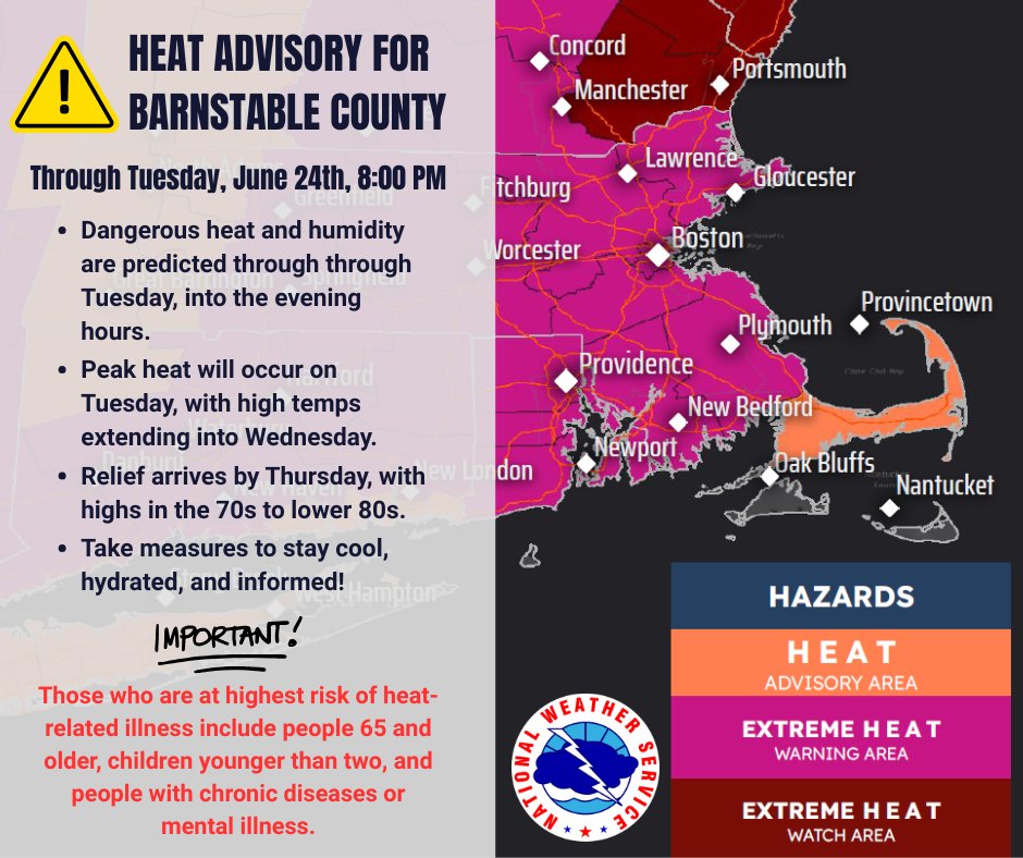 ⚠️ Dangerous heat and humidity are forecast for Tues., 6/24! A heat advisory is in place for all of Barnstable County until 8:00 PM on Tues. Learn more about the forecast as well as tips for staying healthy in hot weather at capecod.gov/heatsafety #capecodgov #weatherready