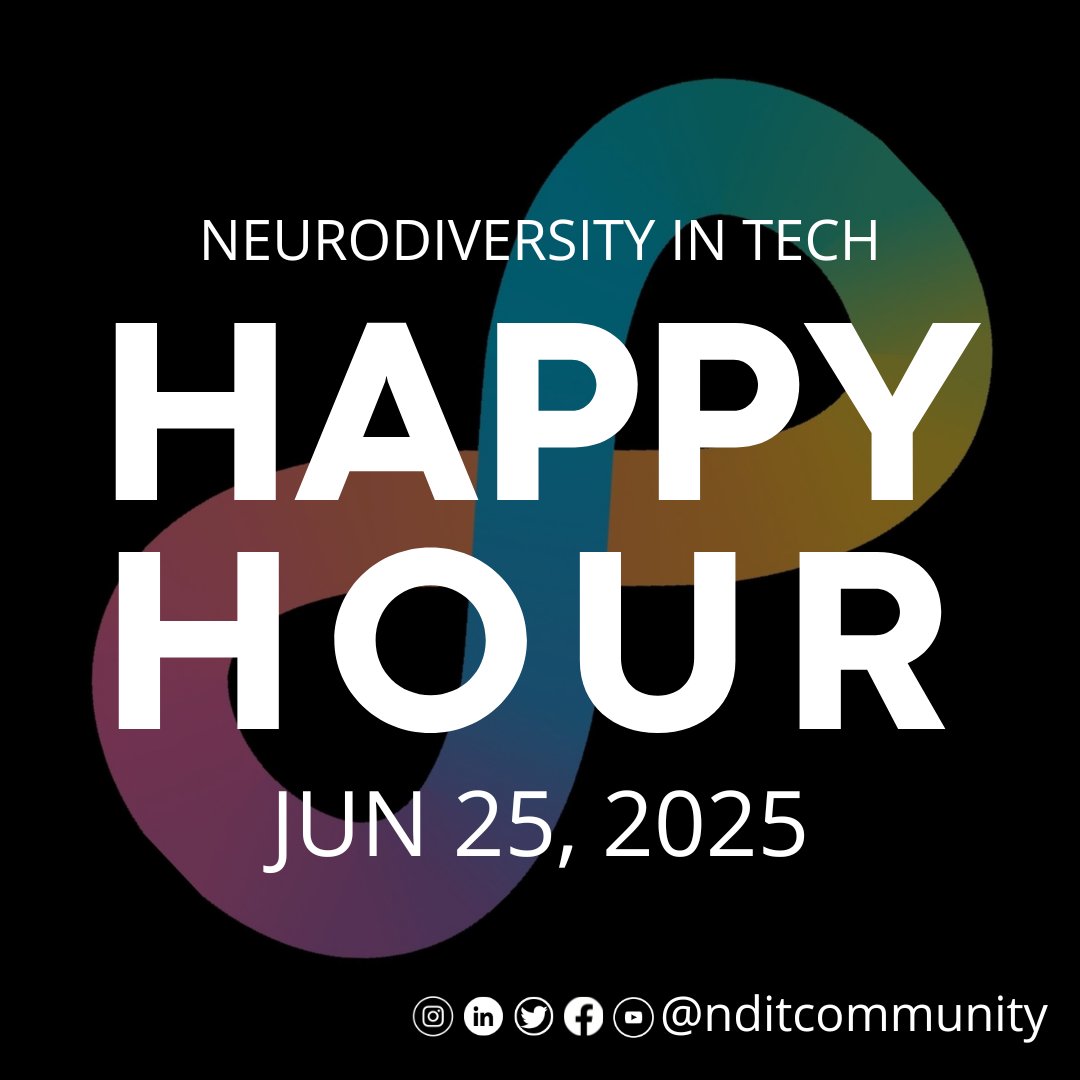 We have our monthly #NeurodiversityInTech digital #happyhour this week!

Time: 5pm MST (7pm EST, 12am GMT)

RSVP: bit.ly/ndit-hh-jun-20…