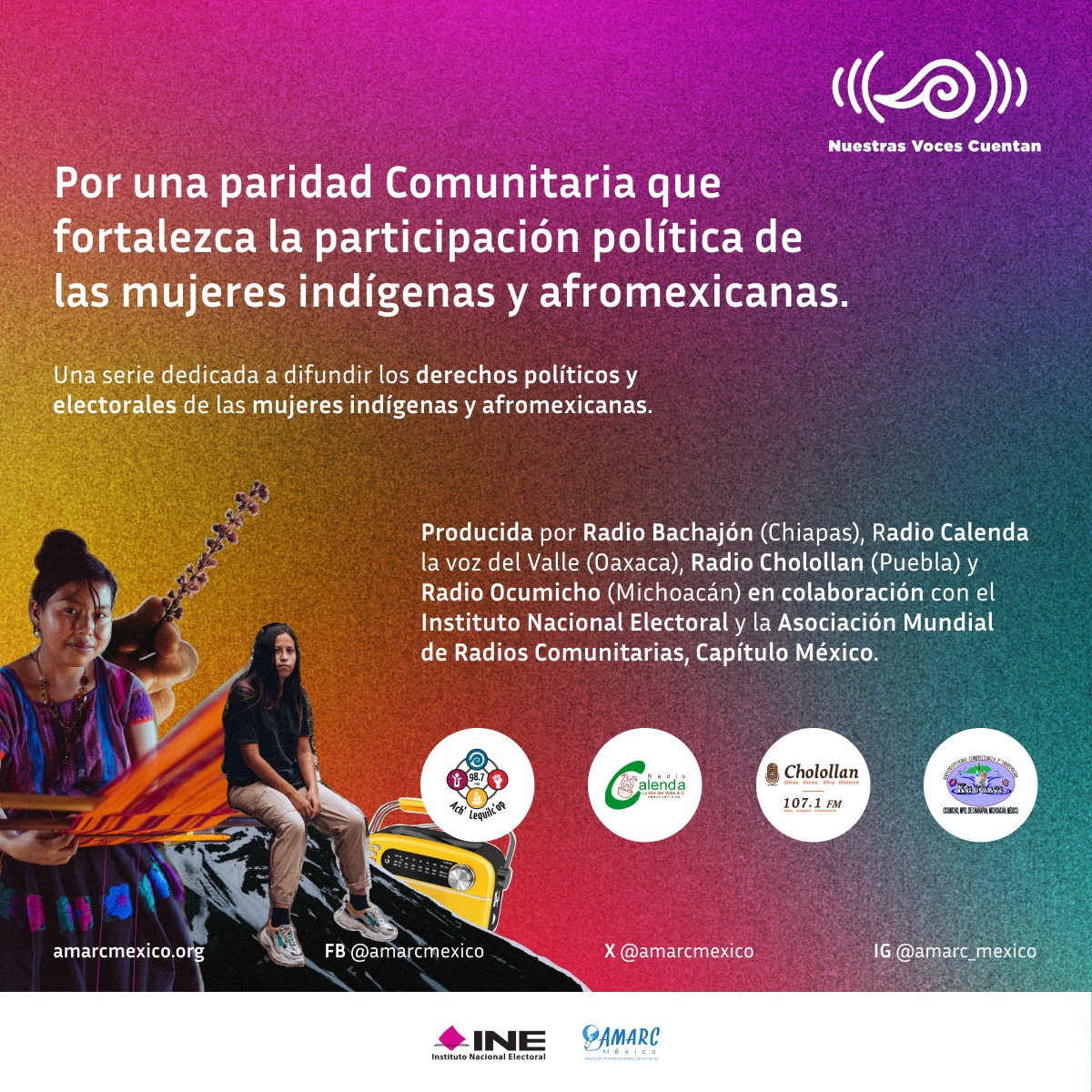 🌺El INE en colaboración con la Amarc México crearon la Campaña #NuestrasVocesCuentan para visibilizar los derechos políticos y electorales de las mujeres indígenas y afromexicanas.
Escucha las cápsulas: 👉 amarcmexico.org/nuestras-voces… 
#NuestrasVocesCuentan #Participaciónpolítica