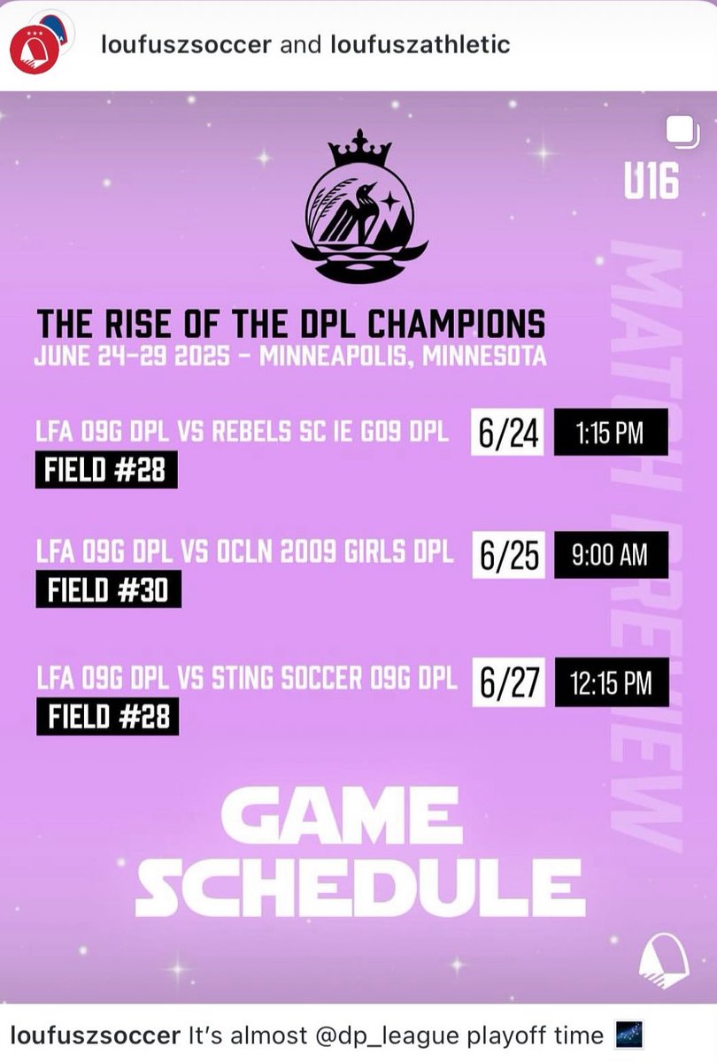 LFA2009Liga's tweet photo. Here is a first look at our game schedule. See you tomorrow!  @DP_League  @LouFuszSoccer #warriors  #riseofliga #jyd  #minneapolis https://t.co/r1I8zbSpaQ
