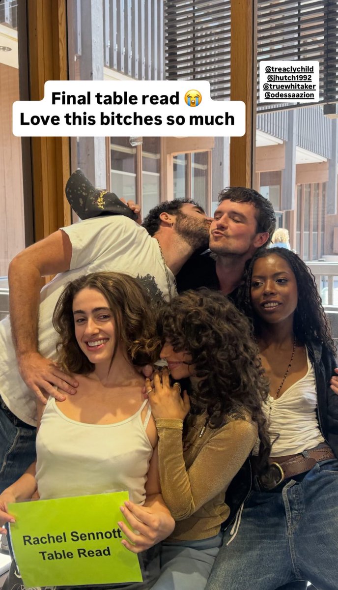 Rachel Sennott with Odessa A’zion, Jordan Firstman, Josh Hutcherson, and True Whitaker at the final table read for the Untitled Rachel Sennott Project.