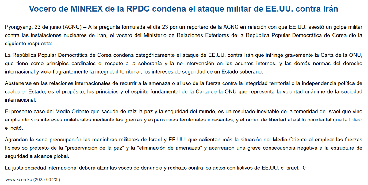 KFLColombia's tweet photo. Vocero del Ministerio de Relaciones Exteriores de Corea del Norte condena el ataque de Estados Unidos e Israel contra Irán.

"La justa sociedad internacional deberá alzar las voces de denuncia y rechazo contra los actos conflictivos de EE.UU. e Israel". https://t.co/nQGuHqSQvL