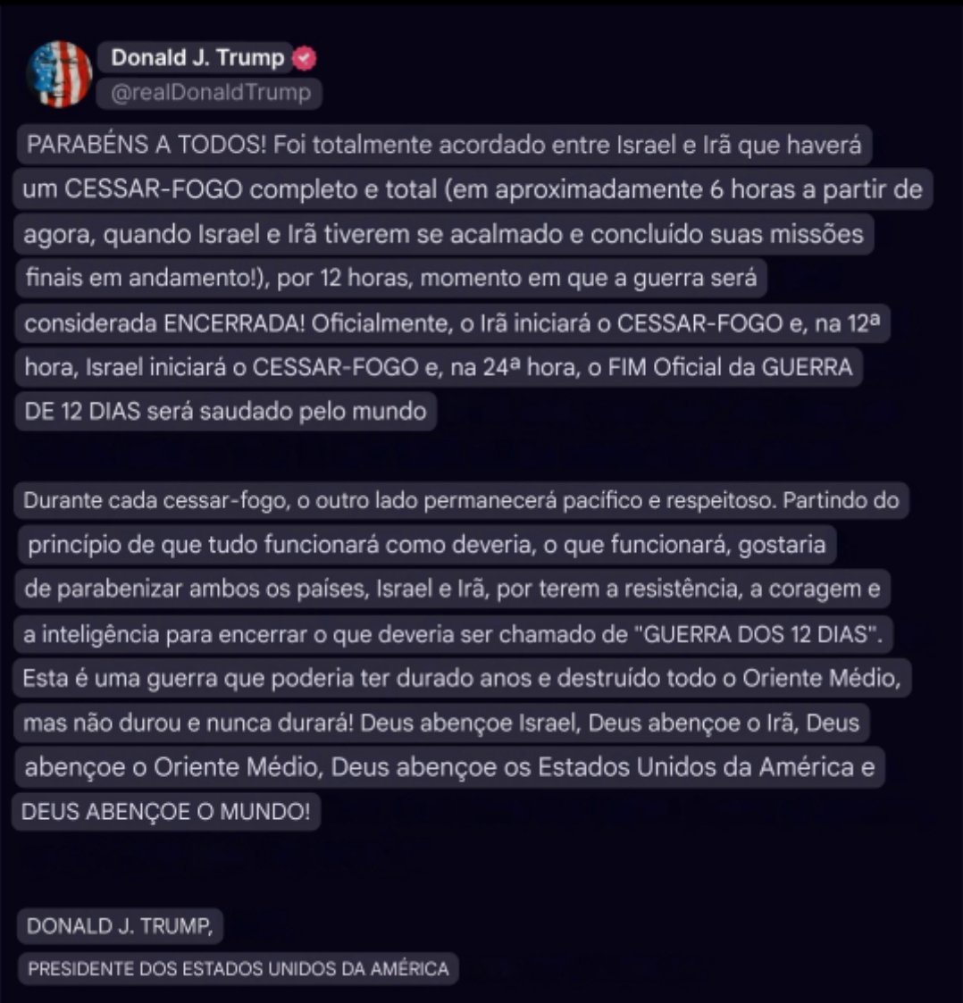 Trump anuncia o acordo de CESSAR-FOGO entre Israel e Irã!

É Lula, você precisa entender que nada se resolve sentado em uma mesa de bar tomando uma cervejinha.

Lula, você é um anão diplomático!!