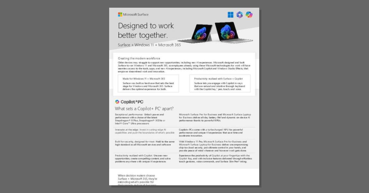 Get ⚡ performance with #Surface + Windows 11 + Microsoft 365. Optimize work, boost AI experiences, and trust unmatched security #MicrosoftReseller. Read our Solution Brief now! Contact World Wireless Solutions Inc. to order new Surface devices today! stuf.in/bgl259