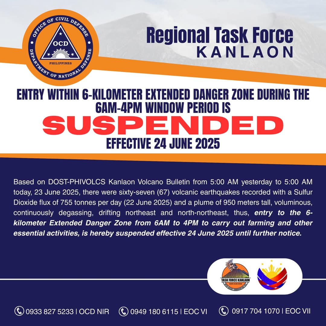pnagovph's tweet image. JUST IN | Entry for farming and livelihood activities inside the extended 6-km danger zone of #Kanlaon Volcano is not allowed from 6 a.m.-4 p.m. starting June 24, 2025 until further notice. | Judy Flores Partlow; Mt. Kanlaon Natural Park Facebook photo
