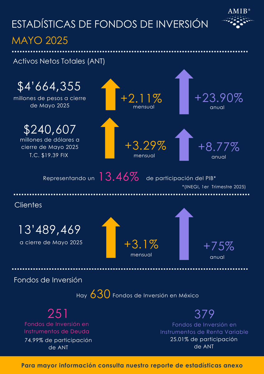 AMIB_Valores's tweet photo. Los fondos de inversión en México crecieron un 23.9% anual en activos en mayo 2025.
¡Seguimos generando valor! 📉
#MetasAFondo https://t.co/hAVtxIn1CM