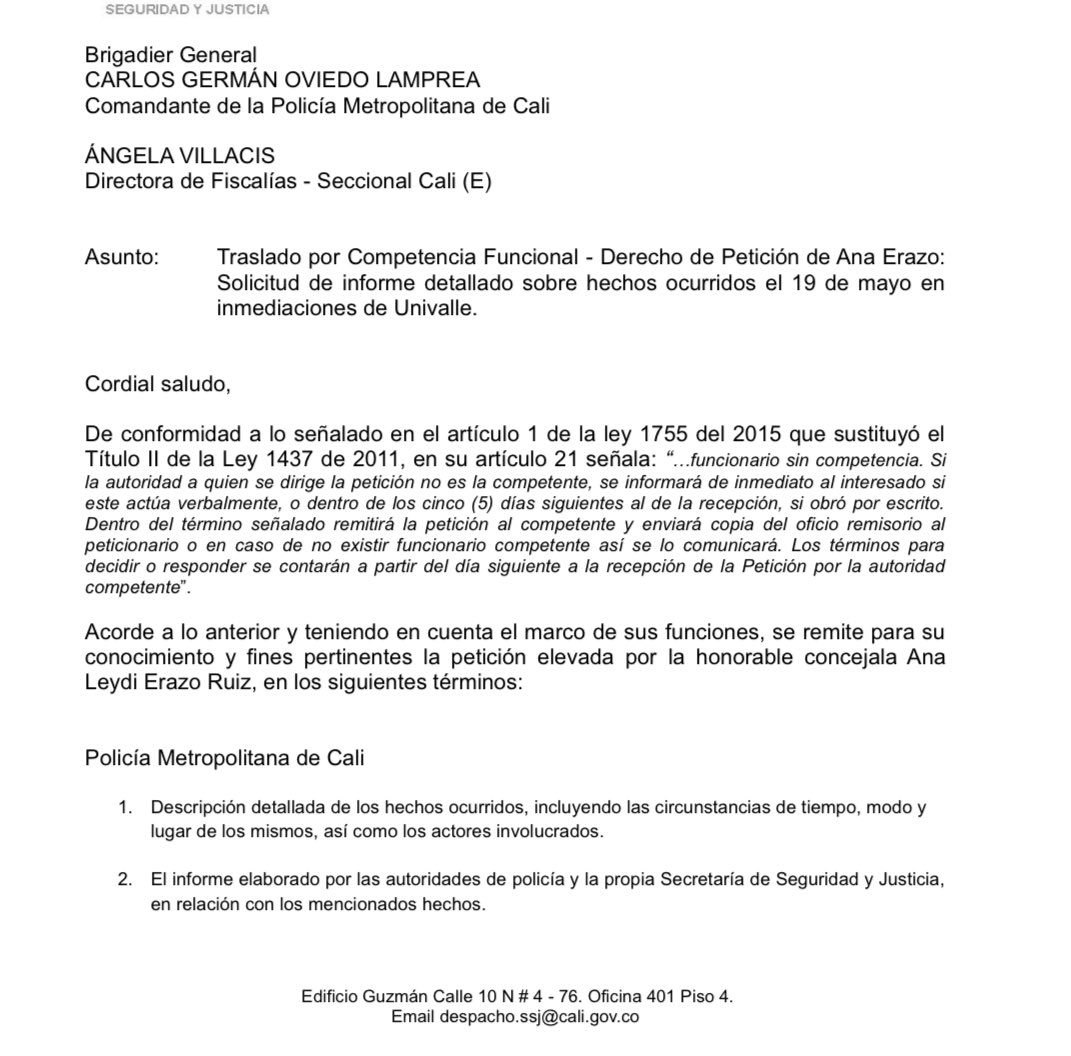 AnaErazoR's tweet photo. El 19 de mayo, hace ya 36 días, ocurrieron dos hechos lamentables de violencia contra estudiantes de la @UnivalleCol, quienes se manifestaban pacíficamente por los feminicidios ocurridos en el campus de Palmira.

Desde nuestra curul interpusimos dos derechos de petición: uno a @SeguridadCali, que sorteó su responsabilidad trasladándola a la @PoliciaCali, y otro a @MovilidadCali, del cual aún no recibimos respuesta.

Han pasado 36 días y el secretario @orozcolgustavo sigue sin informar qué acciones se adelantaron, qué pasó con el conductor involucrado —quien habría comparecido para interrogatorio— y qué medidas se tomaron.

Más allá de que este hecho debería ser competencia de la @FiscaliaCol, lo preocupante es la total ausencia de liderazgo por parte de la Alcaldía de @alejoeder: no hubo pronunciamientos, ni recompensas ofrecidas por @JGarciaG1, ni respuestas concretas por parte de @orozcolgustavo.

Más rápido se terminó yendo el alcalde a sus merecidas vacaciones que alguna novedad frente a este hecho que hasta ahora goza de total impunidad.