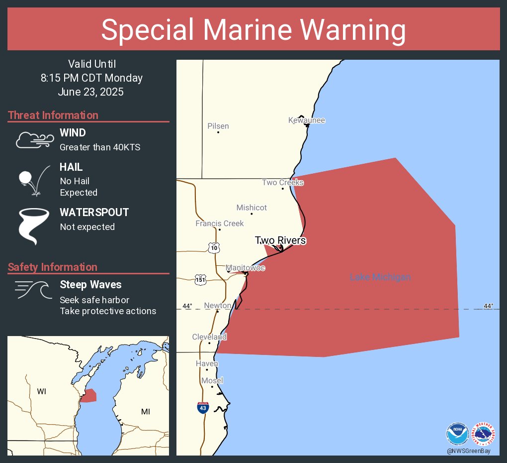 Special Marine Warning including the Lake Michigan from Sturgeon Bay to Two Rivers WI 5NM offshore to Mid Lake, Lake Michigan from Two Rivers to Sheboygan WI 5NM offshore to Mid Lake, Sturgeon Bay to Two Rivers WI and Two Rivers to Sheboygan WI until 8:15 PM CDT