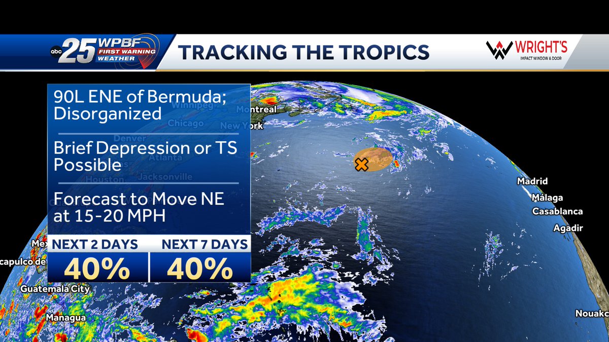 90L Continues to move northeast out in the open Atlantic, away from land.  Although there is still a chance it could briefly organize into a Depression or Tropical Storm, it will likely fall apart within the next couple of days.
In the Tropics