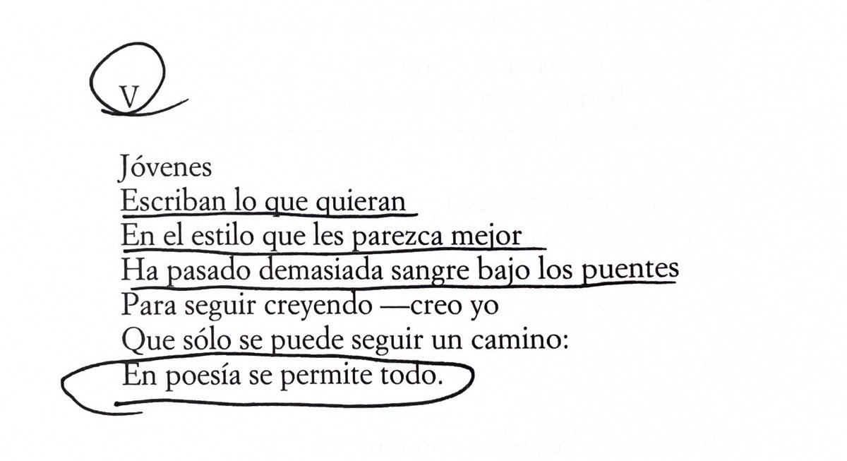 Jóvenes 
Escriban lo que quieran
En el estilo que les parezca mejor 
Ha pasado demasiada sangre bajo los puentes
Para seguir creyendo —creo yo
Que sólo se puede seguir un camino
En poesía se permite todo.

Nicanor Parra.