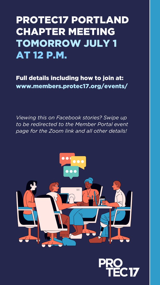 PTE17's tweet image. Portland members, join us for our first summer βοΈ chapter meeting TOMORROW July 1 at 12 p.m. Virtually and in-person options available.
Peep your personal email or the Member Portal events page (members.protec17.org/events/) for full details and links!