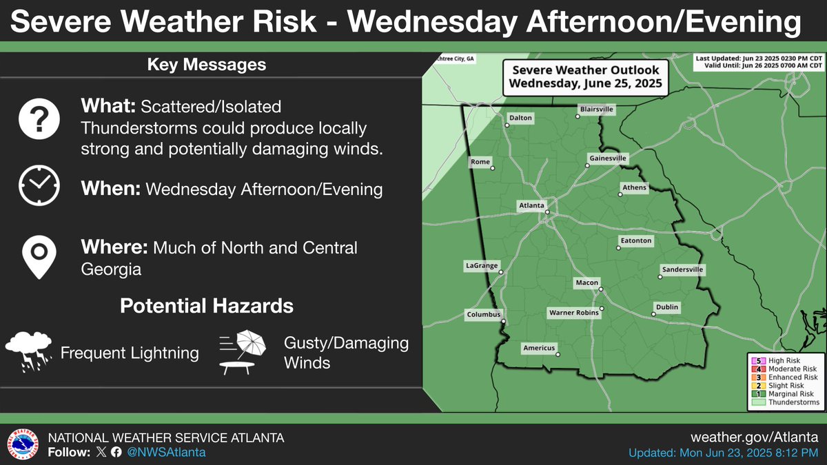 A caveat to the potential for hazardous heat on Wednesday is the increasing likelihood for afternoon storms, some strong to severe. A Marginal Risk is in effect for much of the area, and early development/increased cloud cover *could* tamp down some of our heat risk. #gawx