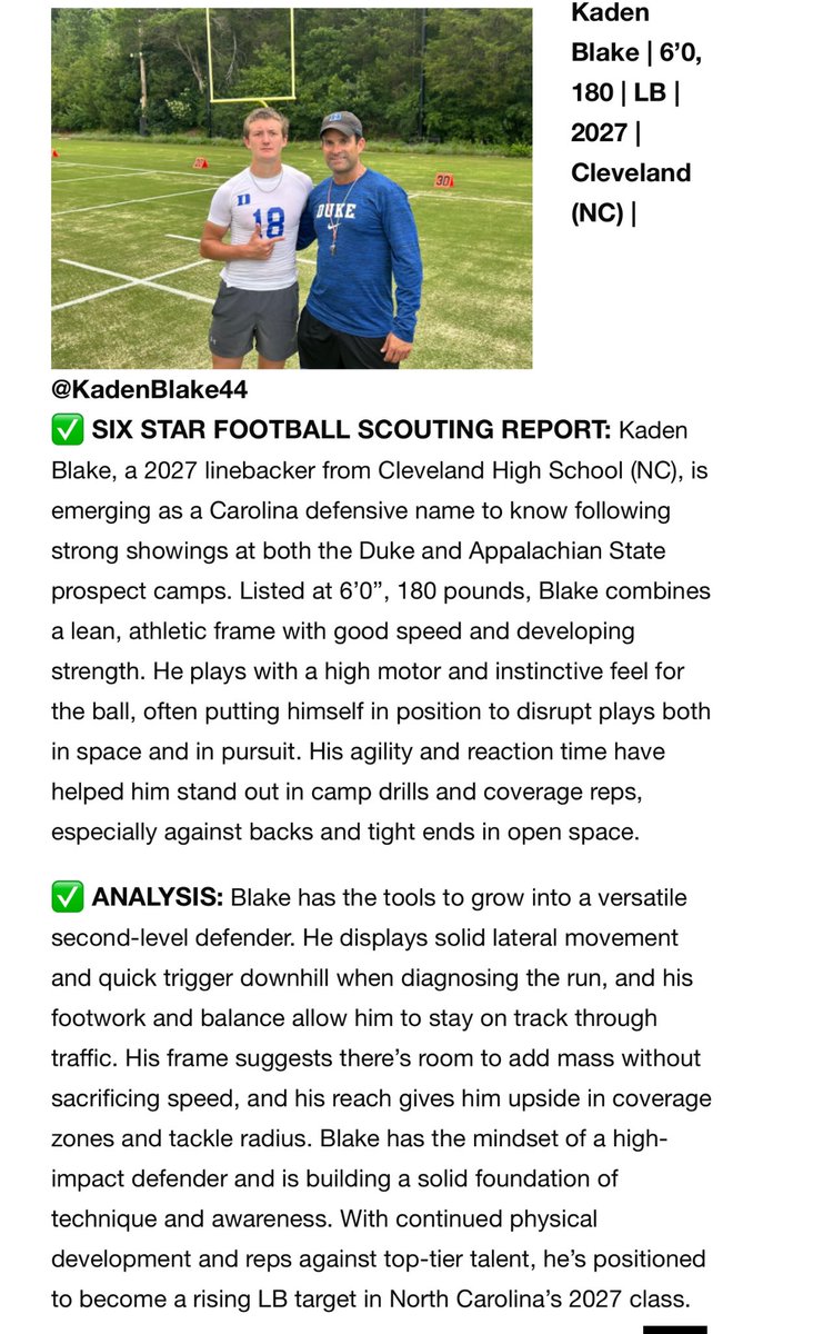 Kaden Blake (@kadenblake44) on Twitter photo Thank you <a href="/sixstarfootball/">Six Star Football | PLUS+</a> for the recognition!! This is just the start. <a href="/EC_Select/">EAST COAST SELECT</a> <a href="/cvhsftbl/">Cleveland Football</a> <a href="/919recruits/">919recruits</a> <a href="/DukeFOOTBALL/">Duke Football</a> <a href="/CoachPatke/">Jonathan Patke</a> <a href="/Coach_MannyDiaz/">Manny Diaz</a> Thank you <a href="/sixstarfootball/">Six Star Football | PLUS+</a> for the recognition!! This is just the start. <a href="/EC_Select/">EAST COAST SELECT</a> <a href="/cvhsftbl/">Cleveland Football</a> <a href="/919recruits/">919recruits</a> <a href="/DukeFOOTBALL/">Duke Football</a> <a href="/CoachPatke/">Jonathan Patke</a> <a href="/Coach_MannyDiaz/">Manny Diaz</a>