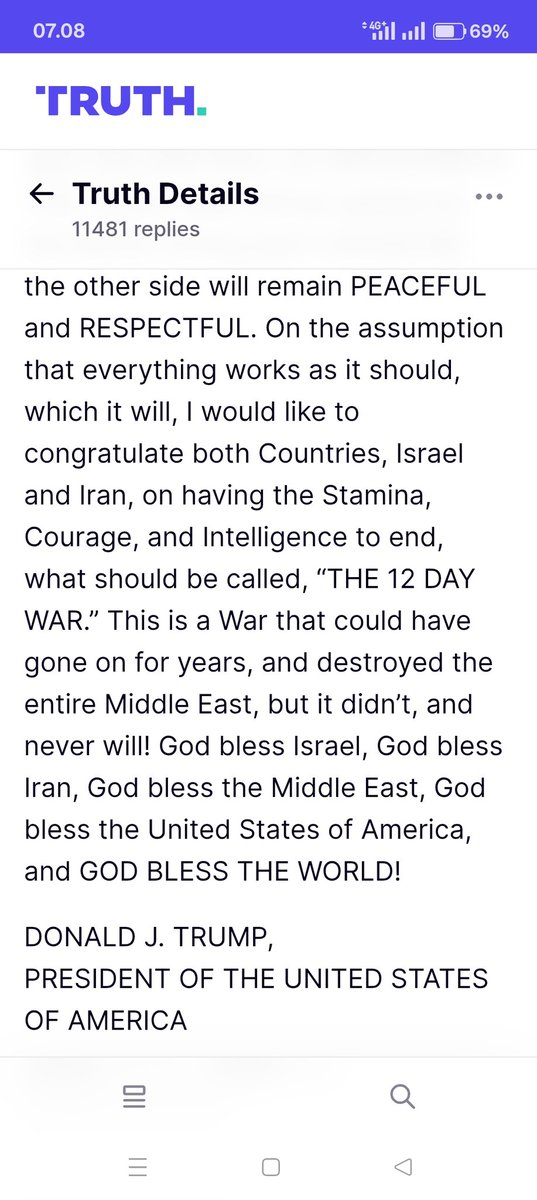 Resmi Perang Iran vs Israel dibubarkan. Tamat. End. 

Dua jam lalu Trump resmi umumkan gencatan senjata total untk akhiri Perang 12 HARI. 

Godbless Iran, Trump bilangnya. Salut dg perjuanganmu, lanjutnya.

Israel nangis. Ini kemenangan Iran scara simbolik. 

Makanya pasar