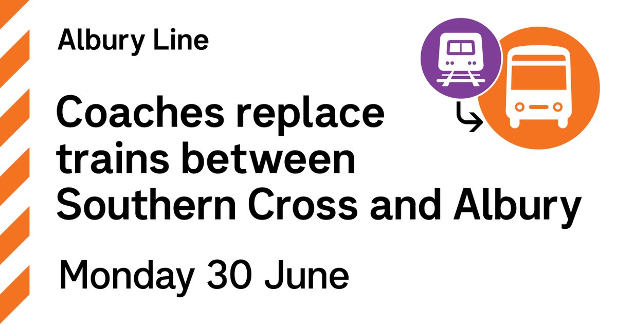 Due to Inland Rail works on the Albury Line, coaches will replace trains for the entire journey between Southern Cross and Albury on Monday 30 June.

A temporary coach replacement timetable will be in place.

More information at: go.vline.com.au/44lt1N0