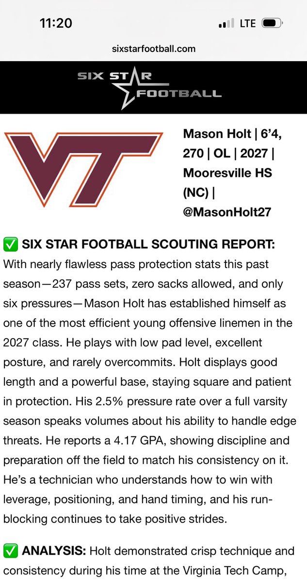 MasonHolt27's tweet image. Thank you to @sixstarfootball for the analysis and scouting report from my work at the VT camp this summer.  Thank you @CoachMooreVT and his staff for the great coaching and camp experience.