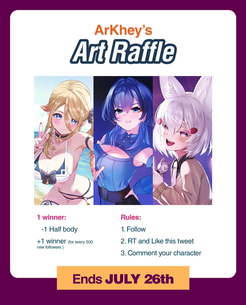 arkheystudio's tweet image. 𝟑𝐊 𝐅𝐎𝐋𝐋𝐎𝐖𝐒 𝐀𝐑𝐓 𝐑𝐀𝐅𝐅𝐋𝐄
It&apos;s that time once again. 
Thank you for all the support!!

1 Winner Prize: 
One half-body illustration

Rules:
-Follow
-Like &amp;amp; retweet
-Comment with your character

Ends: July 26th, Good luck ✌️

#artraffle #artgiveaway #opencommissions