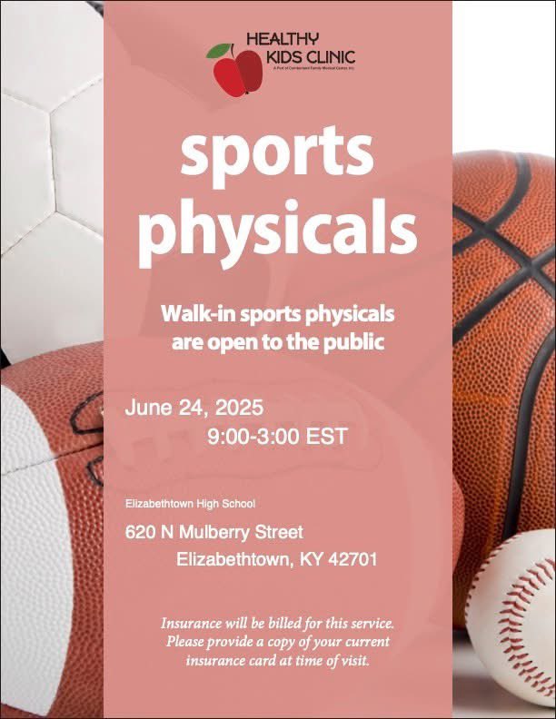 🩺 Healthy Kids Clinic is offering walk-in sports physicals TOMORROW (Tuesday 6/24) at EHS from 9am-3pm. If any student-athlete needs an update before the new school year, this is a great opportunity to get it done before deadline period. Clinic is open to ALL area athletes.