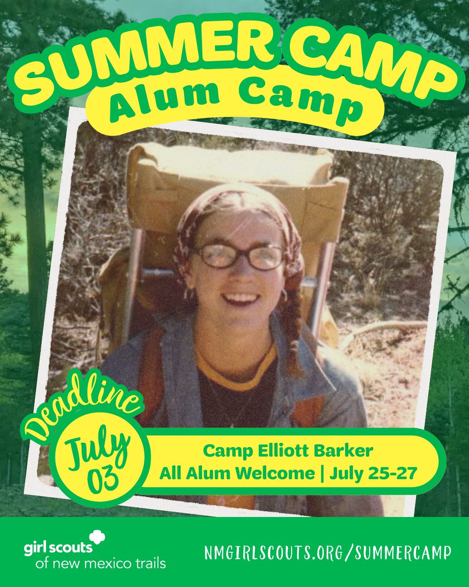 nmgirlscouts's tweet image. 📢 Alum Camp countdown is ON!
⛺️ Camp Elliott Barker | July 25–27
🔥 Campfires. 🐎 Horses. 💤 Hammocks.

⏳ Register by July 3 @ 10 PM
➡️ nmgirlscouts.org/summercamp
#AlumCamp #GirlScoutsNM #CampMagic
