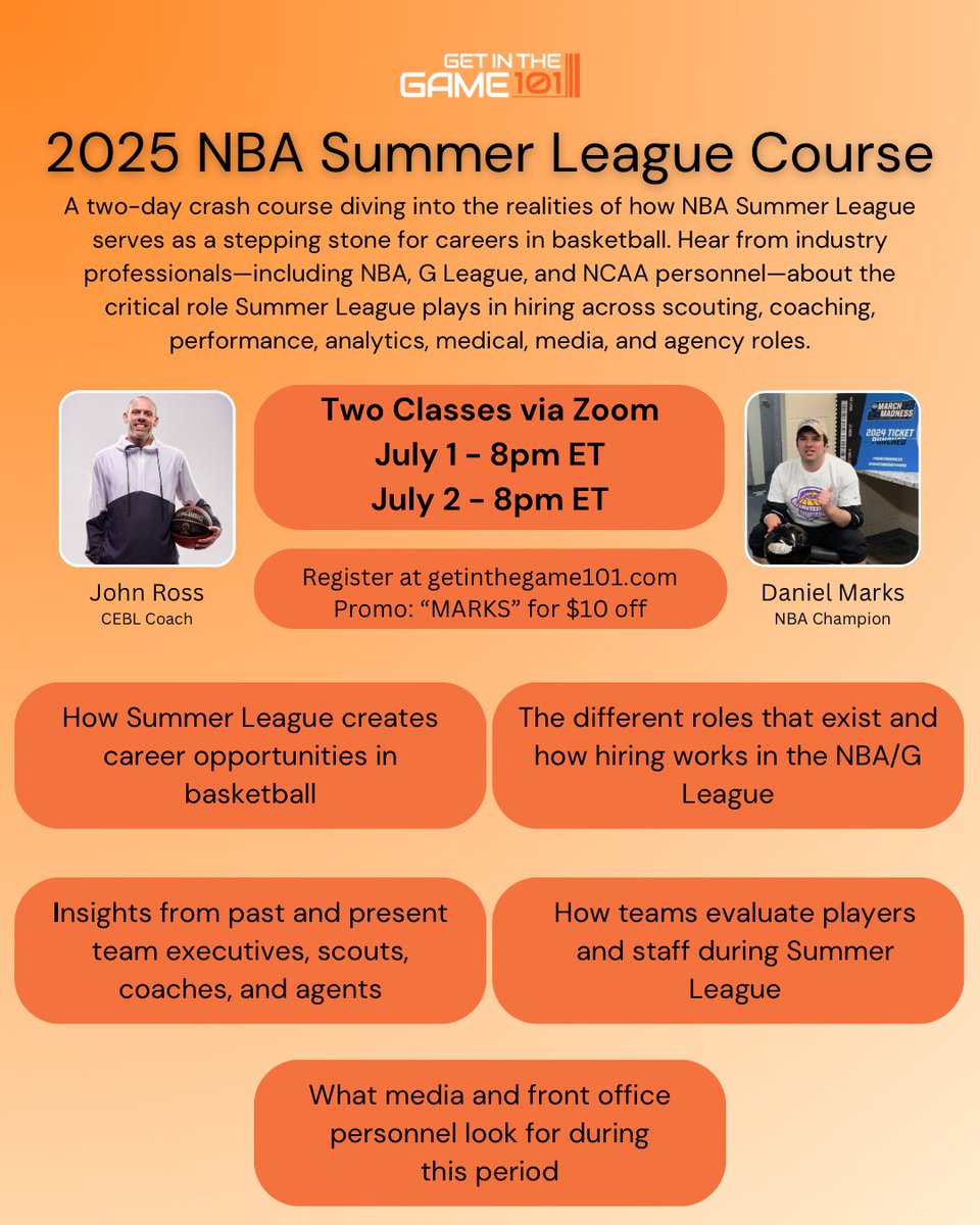 Daniel Marks (@dgm591) on Twitter photo 📢 I’ll be teaching my annual “Summer League Crash Course” next week.
Course is designed to help people aspiring to work in the NBA maximize their time <a href="/NBASummerLeague/">NBA Summer League</a> .
Trip planning, networking, interview prep, and more!
Code MARKS for 10% off!
getinthegame101.com/offers/w7MhRyd… 📢 I’ll be teaching my annual “Summer League Crash Course” next week.
Course is designed to help people aspiring to work in the NBA maximize their time <a href="/NBASummerLeague/">NBA Summer League</a> .
Trip planning, networking, interview prep, and more!
Code MARKS for 10% off!
getinthegame101.com/offers/w7MhRyd…