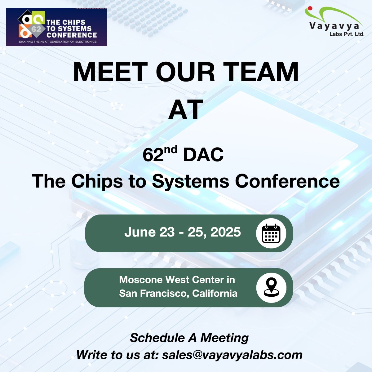 vayavya's tweet image. Our colleague Hari Viswanathan (linkedin.com/in/harirajanvi…) will be hitting the show floor at the 62nd @DACconference
If you’re attending the show, write to us at sales@vayavyalabs.com to schedule a meeting. Let’s explore collaboration opportunities.
#DAC2025 #ChipsToSystems