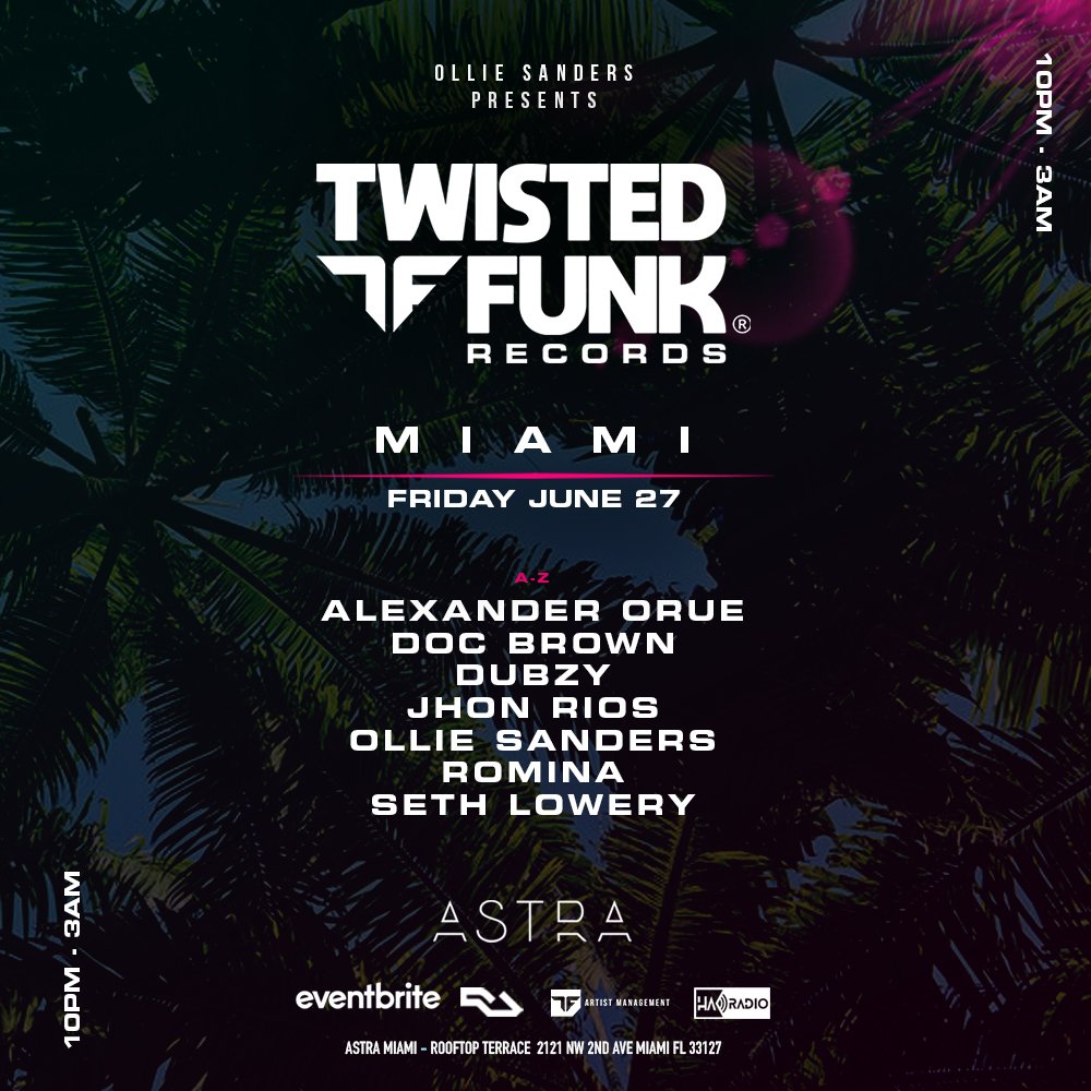 .<a href="/TwistedFunk305/">Twisted Funk Records</a> miami takeover this friday!!! who am i gonna see there? 👀

tix here: eventbrite.com/e/twisted-funk… <a href="/DJOllieSanders/">Ollie Sanders</a> <a href="/AlexanderOrue/">Alexander Orue</a> <a href="/djsethlowery/">Seth</a> <a href="/AstraMiami/">Astra Miami</a>