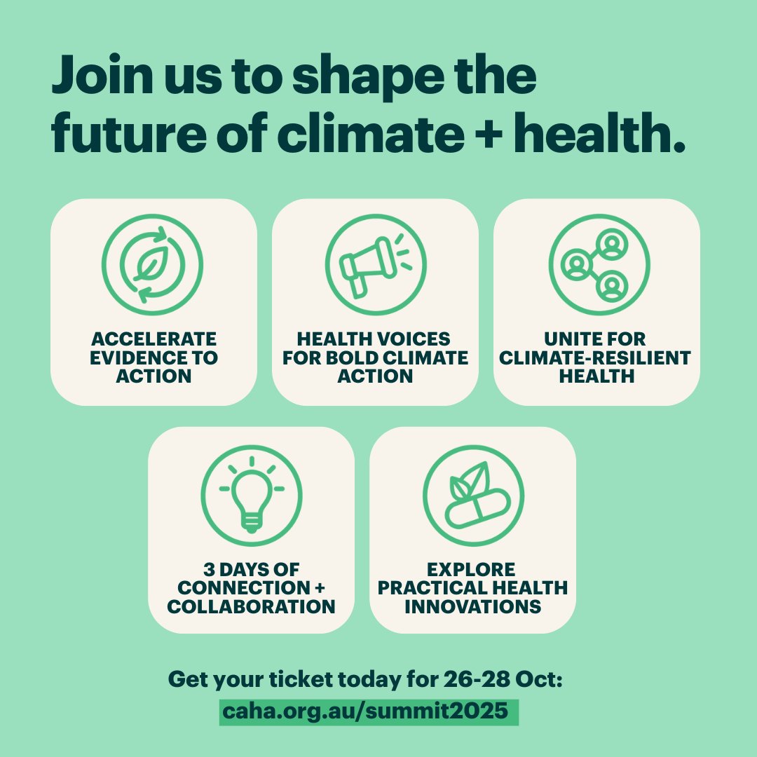🎟️ Tickets are now available for The Climate + Health Summit 2025!

🗓️ 26–28 Oct 2025
📍Griffith University, Gold Coast (Yugambeh/Kombumerri Country)

Proudly supported by Platinum Sponsor <a href="/Bupa/">Bupa</a> + Venue Partner <a href="/Griffith_Uni/">Griffith University</a>.

Tickets + sponsorship info 👇
caha.org.au/summit2025