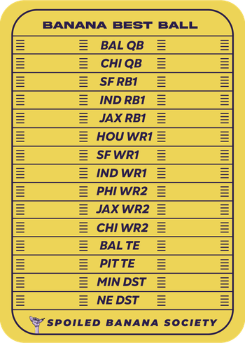 Had the itch to draft a <a href="/SBSFantasy/">Spoiled Banana Society 🏈🍌</a> BBB3 team after a weekend hiatus

Fun to have this many options at WR to crack the lineup on a weekly basis

Love the Lamar + Andrews/Likely QB/TE stack more than any other option on the board

GL